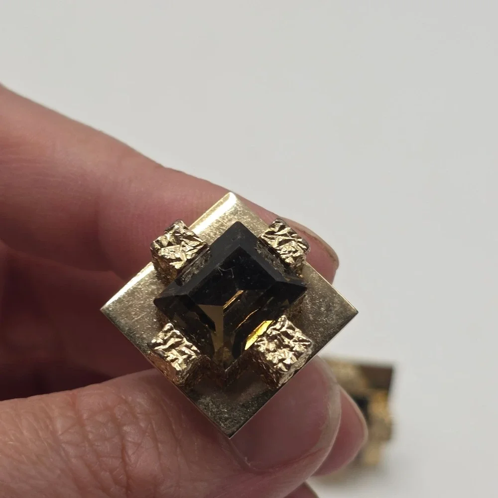 Vintage Brutalist Cufflinks Mens Gold Tone Smoky Glass MCM Mid Century Modern